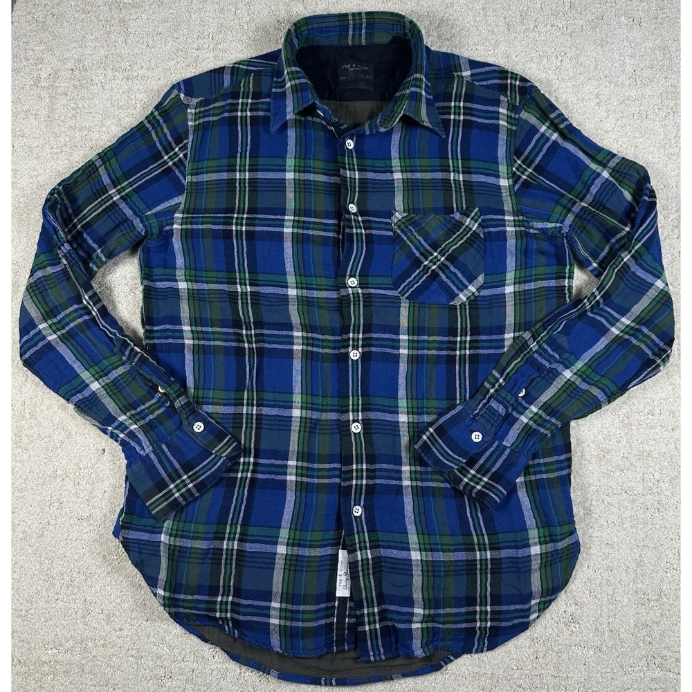 Rag & Bone Fit 3 Flannel Shirt Men's Medium M Green Blue Plaid Button Up
